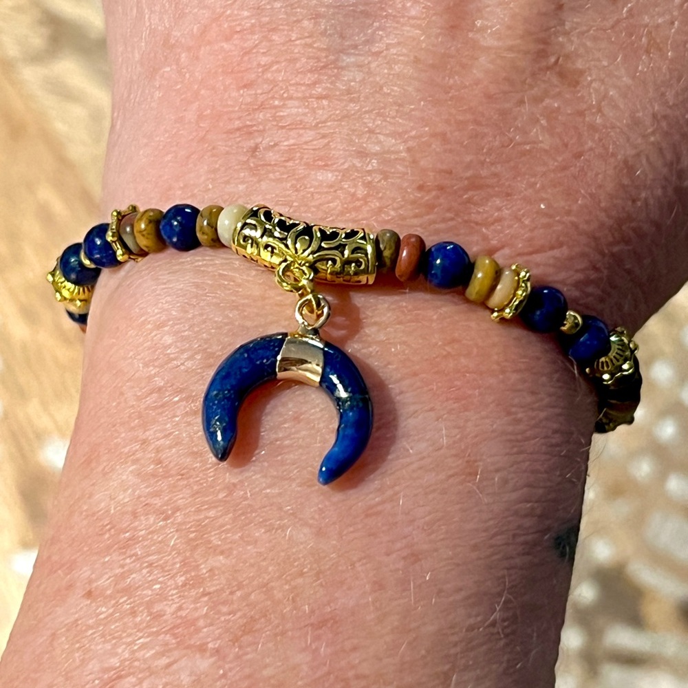 New Unique Lapis Lazuli & Jasper Beaded Crescent Moon Charm Bracelet